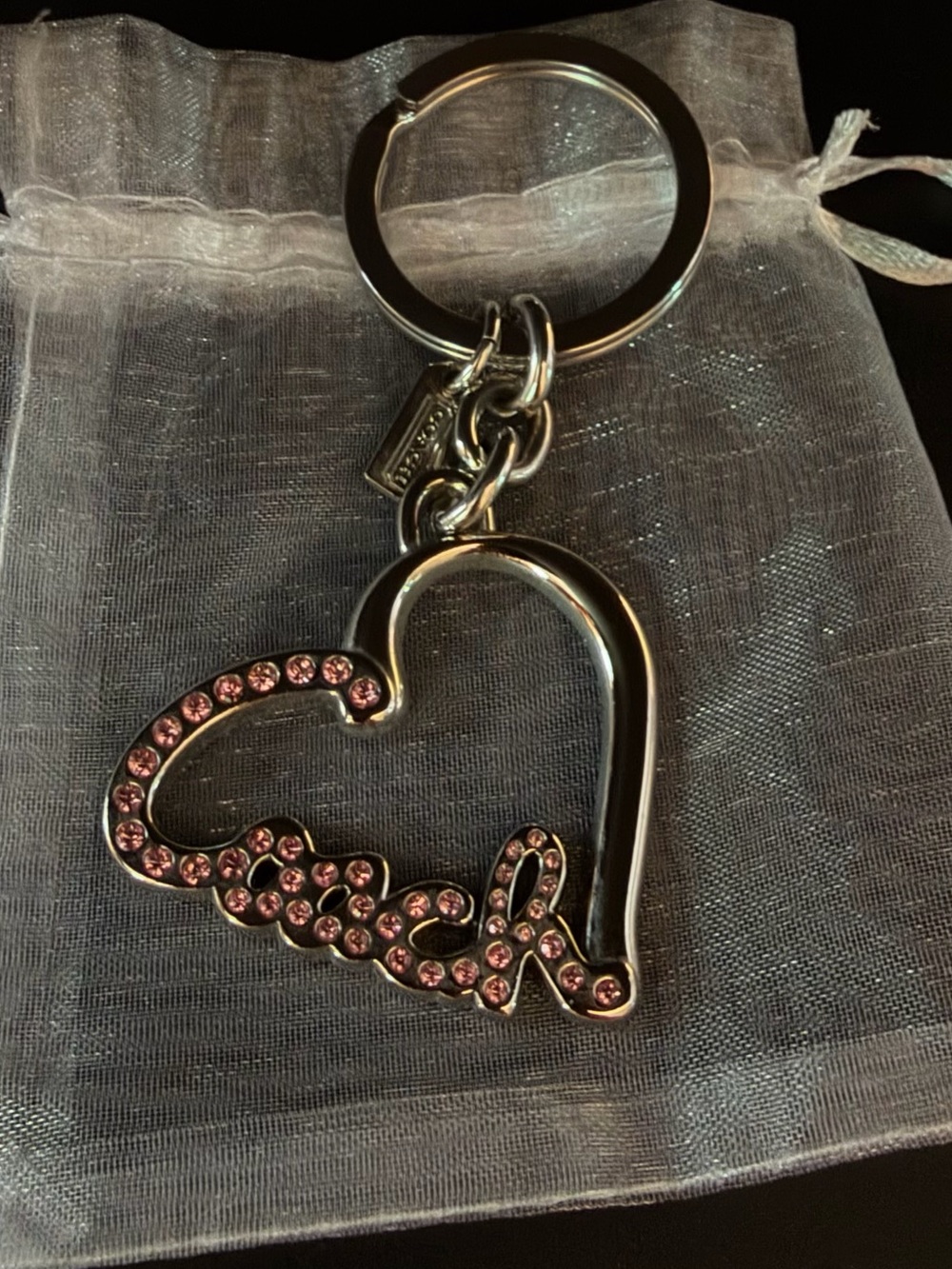 Heart COACH Script Keychain with Pink Crystals - Women Accessories